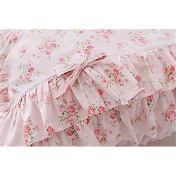 Floral Rose Print Duvet Cover Set Light Pink Lace Ruffle Floral Shabby Chic NWT - Picture 7 of 7